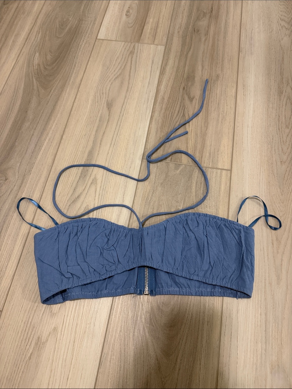 Blue Strapless Zip-Front Crop Top